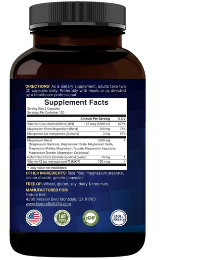 NatureBell 12-in-1 Magnesium Komplex 1000mg, 4-Monate Vorrat – Magnesiumglycinat, Citrat, Taurat, Malat & mehr – Hochabsorbierend für Männer & Frauen – Chelatiert & Gereinigt – 240 Kapseln