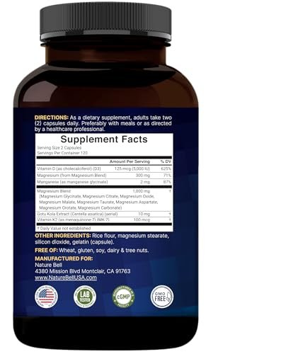 NatureBell 12-in-1 Magnesium Komplex 1000mg, 4-Monate Vorrat – Magnesiumglycinat, Citrat, Taurat, Malat & mehr – Hochabsorbierend für Männer & Frauen – Chelatiert & Gereinigt – 240 Kapseln
