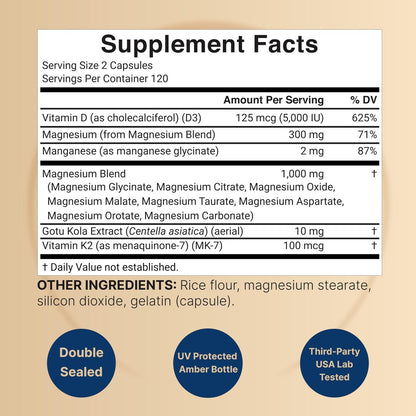 NatureBell 12-in-1 Magnesium Komplex 1000mg, 4-Monate Vorrat – Magnesiumglycinat, Citrat, Taurat, Malat & mehr – Hochabsorbierend für Männer & Frauen – Chelatiert & Gereinigt – 240 Kapseln