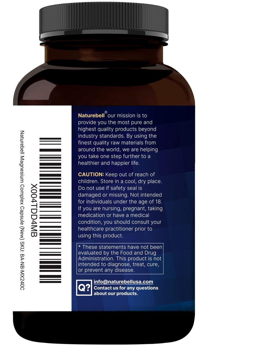 NatureBell 12-in-1 Magnesium Komplex 1000mg, 4-Monate Vorrat – Magnesiumglycinat, Citrat, Taurat, Malat & mehr – Hochabsorbierend für Männer & Frauen – Chelatiert & Gereinigt – 240 Kapseln