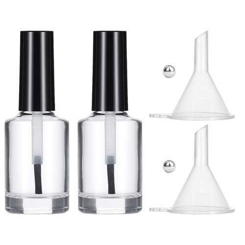 Qulkws 2 Stück leere Nagellackflaschen mit Pinsel 15 ml Glasflasche mit Deckel Trichter Mischkugeln Klare Nagellackbehälter für Nagelkunstproben