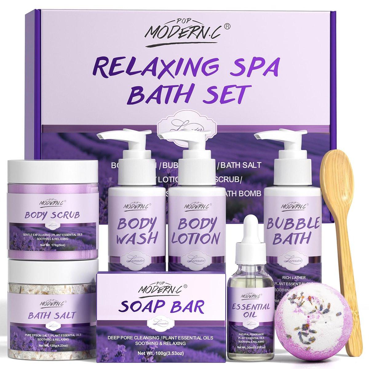 Entspannendes Lavendel-Bad-Geschenkset für Frauen – 8-teiliges Spa-Set mit ätherischem Lavendelöl und Sheabutter – Ideal für Geburtstag, Weihnachten, Muttertag