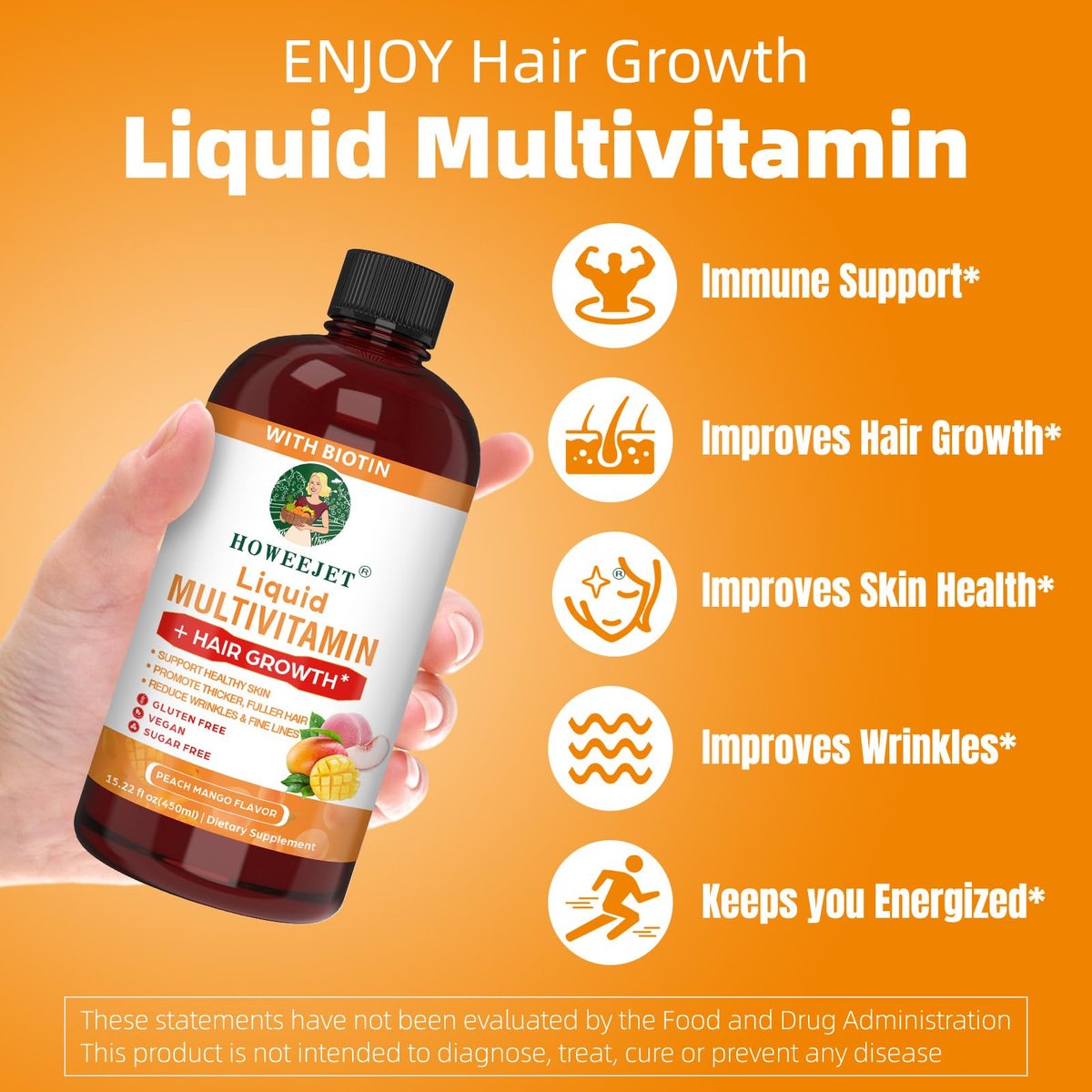 Flüssiges Multivitamin für Haarwachstum | Biotin 10000mcg | Haar- & Hautpflege-Supplement | Klinisch getestet für dichteres Haar & Hautelastizität | Geeignet für Frauen & Männer ab 18 Jahren | 15,22 Fl Oz (1)