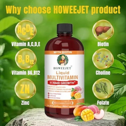 Flüssiges Multivitamin für Haarwachstum | Biotin 10000mcg | Haar- & Hautpflege-Supplement | Klinisch getestet für dichteres Haar & Hautelastizität | Geeignet für Frauen & Männer ab 18 Jahren | 15,22 Fl Oz (1)