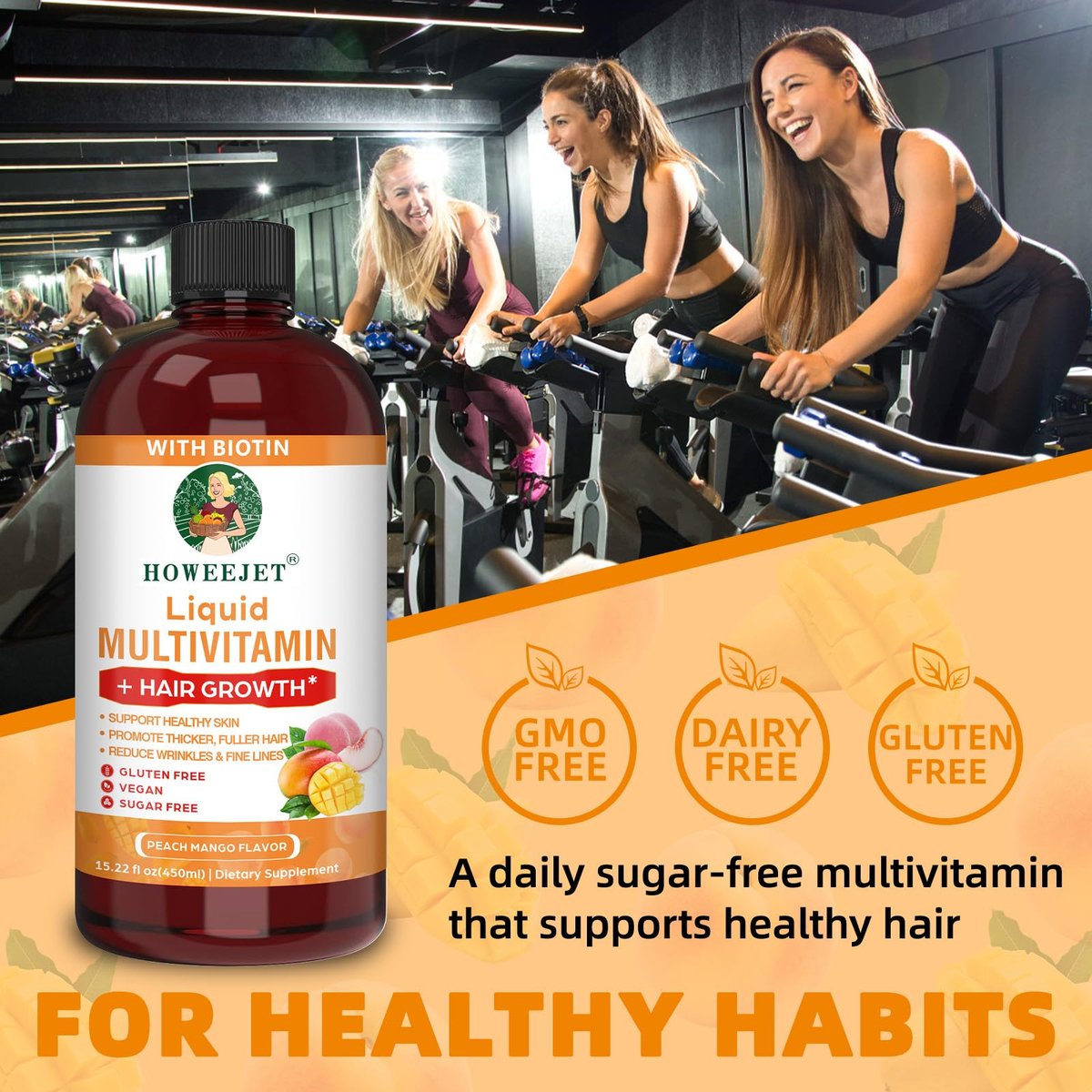 Flüssiges Multivitamin für Haarwachstum | Biotin 10000mcg | Haar- & Hautpflege-Supplement | Klinisch getestet für dichteres Haar & Hautelastizität | Geeignet für Frauen & Männer ab 18 Jahren | 15,22 Fl Oz (1)