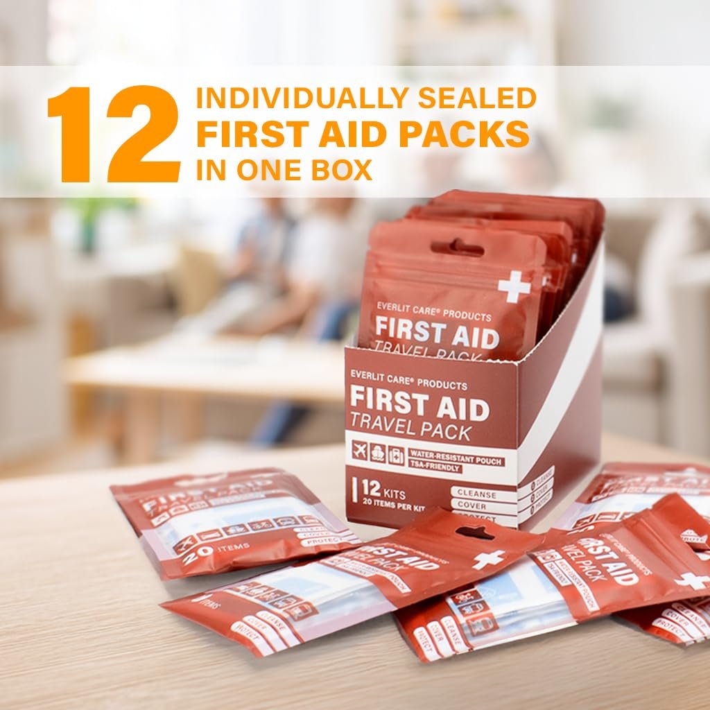 EVERLIT CARE Reise-Verbandspack | 12 Einzelpackungen, Bulk Portable Mini Erste-Hilfe-Set mit 20 Essentials für unterwegs | Kompakte wasserfeste wiederverwendbare Tasche zur Reinigung, Abdeckung & Schutz