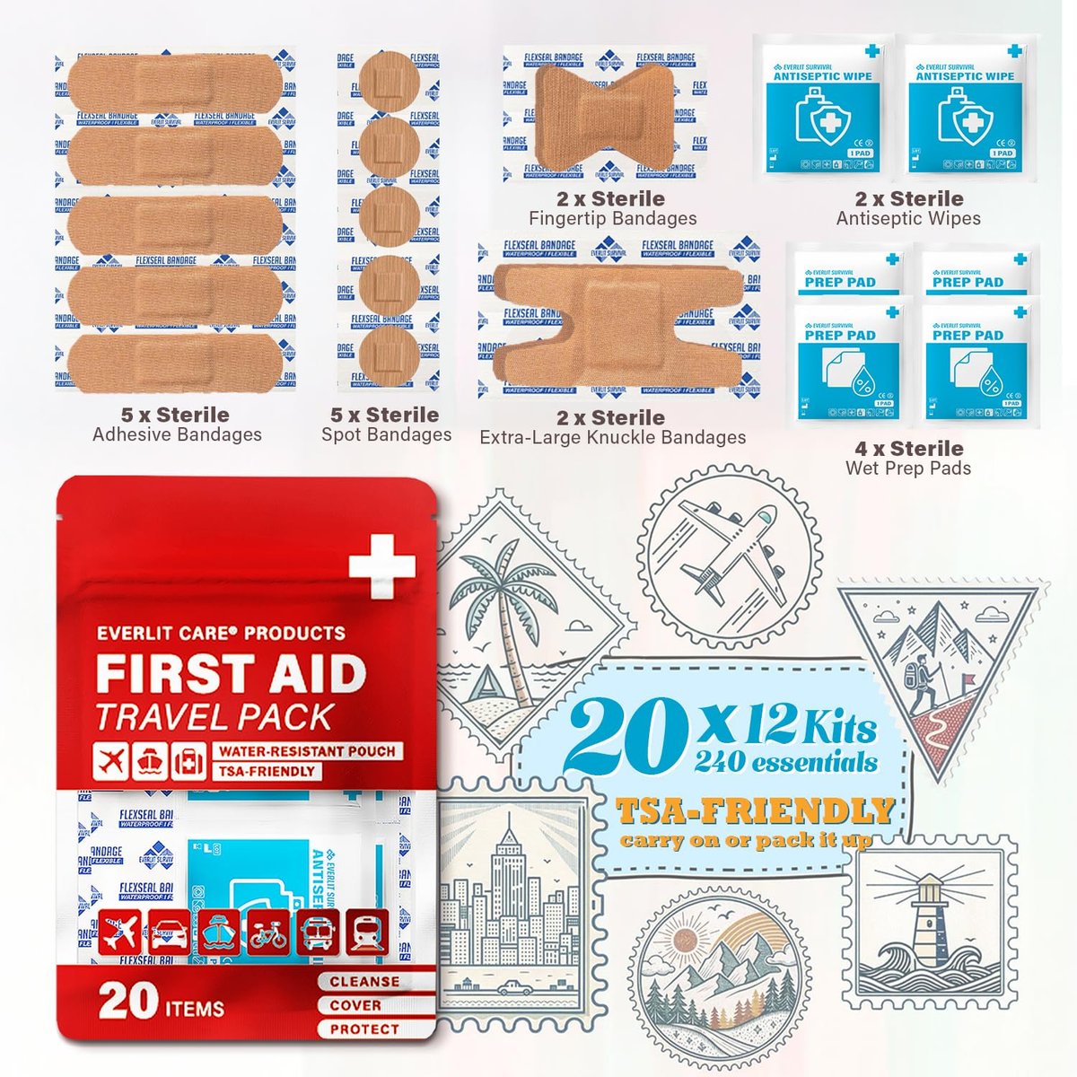 EVERLIT CARE Reise-Verbandspack | 12 Einzelpackungen, Bulk Portable Mini Erste-Hilfe-Set mit 20 Essentials für unterwegs | Kompakte wasserfeste wiederverwendbare Tasche zur Reinigung, Abdeckung & Schutz