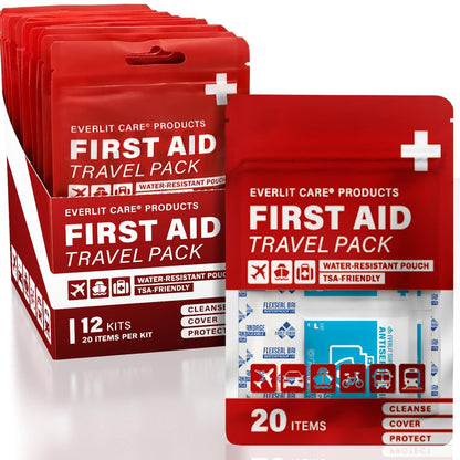 EVERLIT CARE Reise-Verbandspack | 12 Einzelpackungen, Bulk Portable Mini Erste-Hilfe-Set mit 20 Essentials für unterwegs | Kompakte wasserfeste wiederverwendbare Tasche zur Reinigung, Abdeckung & Schutz