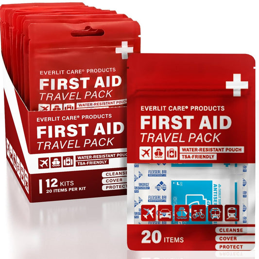 EVERLIT CARE Reise-Verbandspack | 12 Einzelpackungen, Bulk Portable Mini Erste-Hilfe-Set mit 20 Essentials für unterwegs | Kompakte wasserfeste wiederverwendbare Tasche zur Reinigung, Abdeckung & Schutz