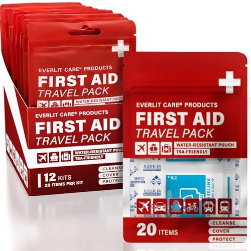 EVERLIT CARE Reise-Verbandspack | 12 Einzelpackungen, Bulk Portable Mini Erste-Hilfe-Set mit 20 Essentials für unterwegs | Kompakte wasserfeste wiederverwendbare Tasche zur Reinigung, Abdeckung & Schutz