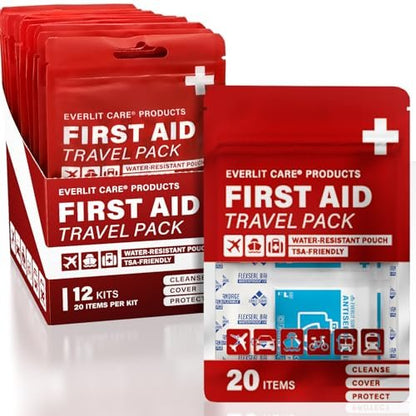 EVERLIT CARE Reise-Verbandspack | 12 Einzelpackungen, Bulk Portable Mini Erste-Hilfe-Set mit 20 Essentials für unterwegs | Kompakte wasserfeste wiederverwendbare Tasche zur Reinigung, Abdeckung & Schutz