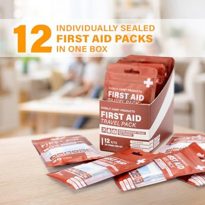 EVERLIT CARE Reise-Verbandspack | 12 Einzelpackungen, Bulk Portable Mini Erste-Hilfe-Set mit 20 Essentials für unterwegs | Kompakte wasserfeste wiederverwendbare Tasche zur Reinigung, Abdeckung & Schutz