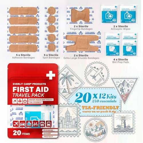 EVERLIT CARE Reise-Verbandspack | 12 Einzelpackungen, Bulk Portable Mini Erste-Hilfe-Set mit 20 Essentials für unterwegs | Kompakte wasserfeste wiederverwendbare Tasche zur Reinigung, Abdeckung & Schutz