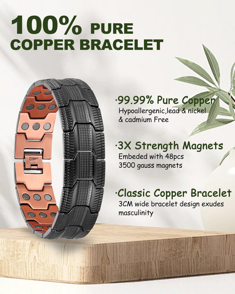 MagEnergy Kupferarmband für Herren – 3-fach magnetisches Armband mit 99,99 % reinem Kupferring & 3500 Gauss Magneten, verstellbare Länge mit Größenbestimmungswerkzeug