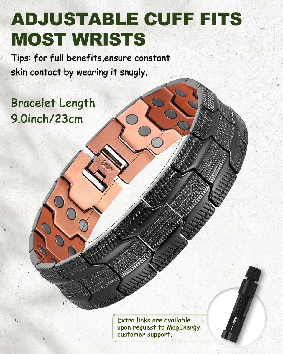 MagEnergy Kupferarmband für Herren – 3-fach magnetisches Armband mit 99,99 % reinem Kupferring & 3500 Gauss Magneten, verstellbare Länge mit Größenbestimmungswerkzeug