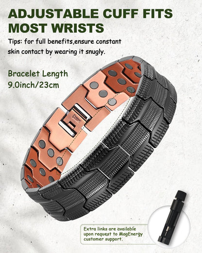 MagEnergy Kupferarmband für Herren – 3-fach magnetisches Armband mit 99,99 % reinem Kupferring & 3500 Gauss Magneten, verstellbare Länge mit Größenbestimmungswerkzeug