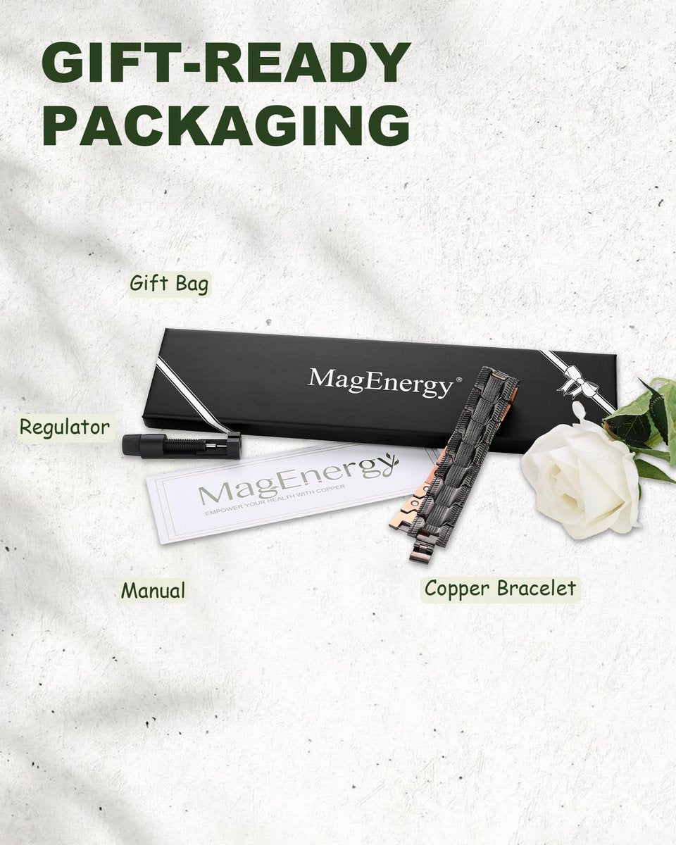 MagEnergy Kupferarmband für Herren – 3-fach magnetisches Armband mit 99,99 % reinem Kupferring & 3500 Gauss Magneten, verstellbare Länge mit Größenbestimmungswerkzeug