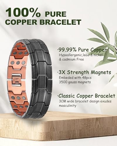 MagEnergy Kupferarmband für Herren – 3-fach magnetisches Armband mit 99,99 % reinem Kupferring & 3500 Gauss Magneten, verstellbare Länge mit Größenbestimmungswerkzeug