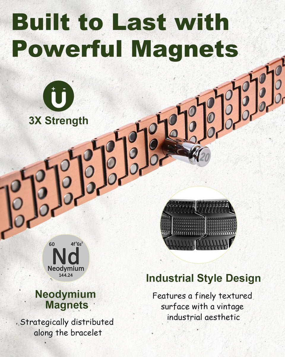 MagEnergy Kupferarmband für Herren – 3-fach magnetisches Armband mit 99,99 % reinem Kupferring & 3500 Gauss Magneten, verstellbare Länge mit Größenbestimmungswerkzeug