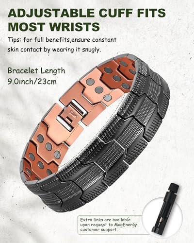 MagEnergy Kupferarmband für Herren – 3-fach magnetisches Armband mit 99,99 % reinem Kupferring & 3500 Gauss Magneten, verstellbare Länge mit Größenbestimmungswerkzeug