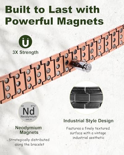 MagEnergy Kupferarmband für Herren – 3-fach magnetisches Armband mit 99,99 % reinem Kupferring & 3500 Gauss Magneten, verstellbare Länge mit Größenbestimmungswerkzeug