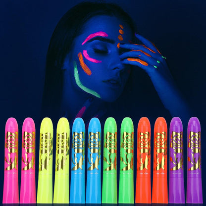 12-teiliges Neon-Gesichts- und Körpermalfarben-Set, leuchtet unter Schwarzlicht, für Halloween, Partys und Karneval