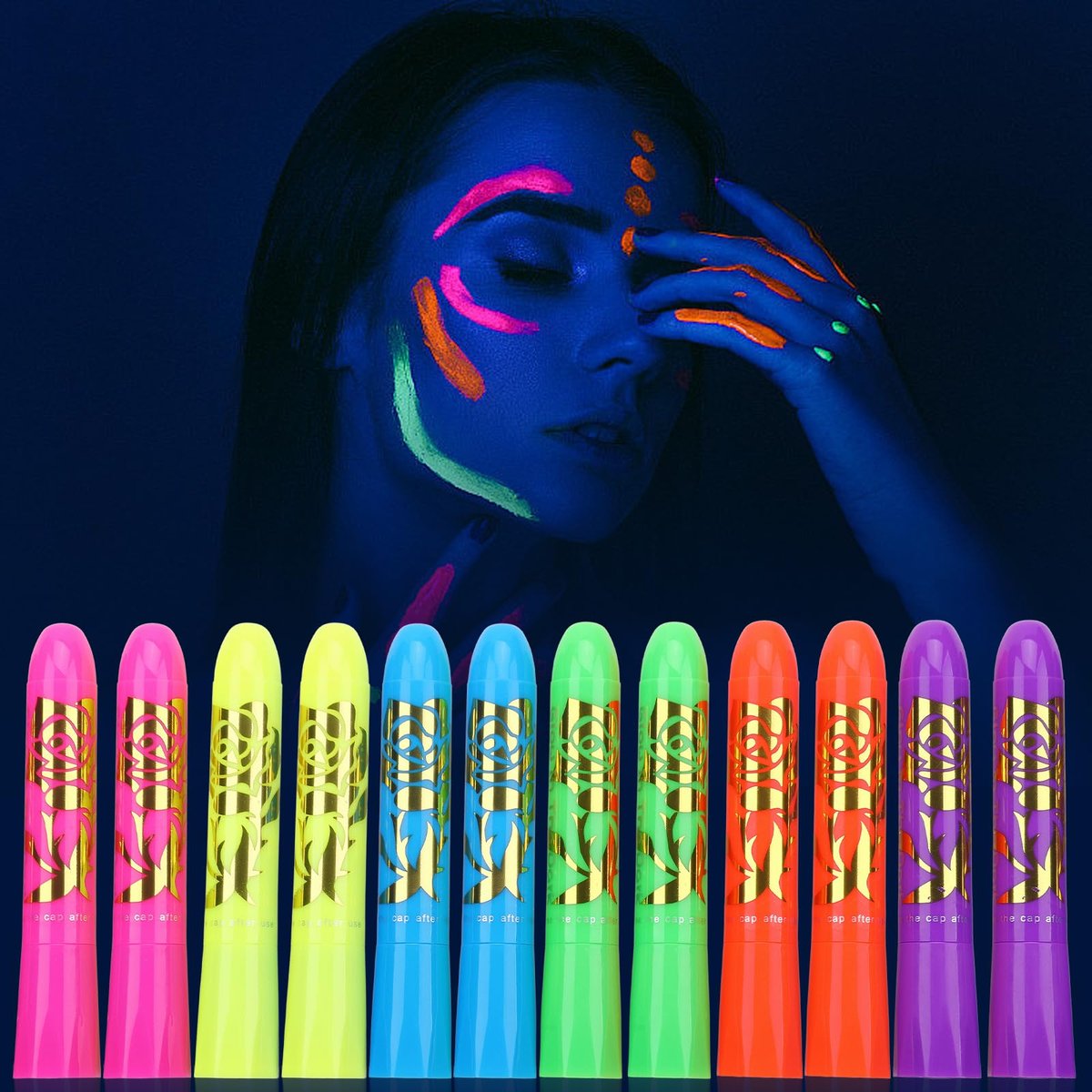 12-teiliges Neon-Gesichts- und Körpermalfarben-Set, leuchtet unter Schwarzlicht, für Halloween, Partys und Karneval