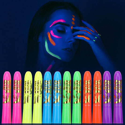 12-teiliges Neon-Gesichts- und Körpermalfarben-Set, leuchtet unter Schwarzlicht, für Halloween, Partys und Karneval
