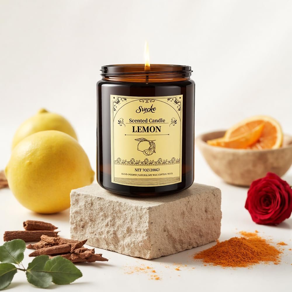 SVECKE Zitronen-Duftkerze, 200g Sojawachs-Kerze, langanhaltende Aromatherapie-Glaskerze für Zuhause, Duftkerze als Geschenk für Frauen und Männer