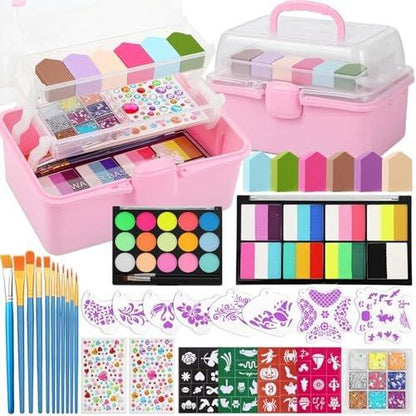 Gesichtsmal-Set mit Organizer-Box – Regenbogenfarben, ungiftig & abwaschbar, inkl. Schablonen, Pinsel & Glitzersteine – Party-Make-up für Halloween, Karneval & Kostümpartys