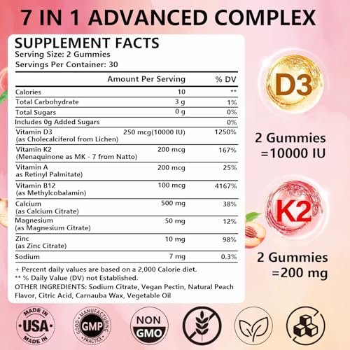 Crasye Vitamin D3 K2 Gummies 10000 IE mit 500 mg Calcium, Magnesium, Zink - Zuckerfreie ADK+Vitamin B12 Gummibärchen für Frauen und Männer - Knochen, Muskeln, Zähne - Pfirsichgeschmack - 60 Gummis (30 Portionen)