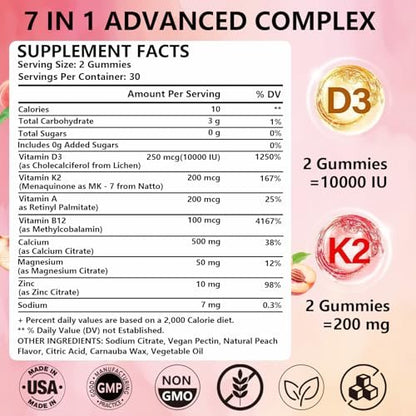 Crasye Vitamin D3 K2 Gummies 10000 IE mit 500 mg Calcium, Magnesium, Zink - Zuckerfreie ADK+Vitamin B12 Gummibärchen für Frauen und Männer - Knochen, Muskeln, Zähne - Pfirsichgeschmack - 60 Gummis (30 Portionen)