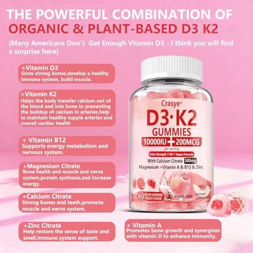 Crasye Vitamin D3 K2 Gummies 10000 IE mit 500 mg Calcium, Magnesium, Zink - Zuckerfreie ADK+Vitamin B12 Gummibärchen für Frauen und Männer - Knochen, Muskeln, Zähne - Pfirsichgeschmack - 60 Gummis (30 Portionen)