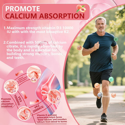 Crasye Vitamin D3 K2 Gummies 10000 IE mit 500 mg Calcium, Magnesium, Zink - Zuckerfreie ADK+Vitamin B12 Gummibärchen für Frauen und Männer - Knochen, Muskeln, Zähne - Pfirsichgeschmack - 60 Gummis (30 Portionen)