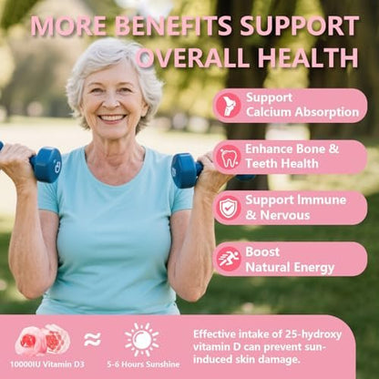 Crasye Vitamin D3 K2 Gummies 10000 IE mit 500 mg Calcium, Magnesium, Zink - Zuckerfreie ADK+Vitamin B12 Gummibärchen für Frauen und Männer - Knochen, Muskeln, Zähne - Pfirsichgeschmack - 60 Gummis (30 Portionen)