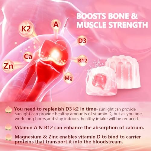 Crasye Vitamin D3 K2 Gummies 10000 IE mit 500 mg Calcium, Magnesium, Zink - Zuckerfreie ADK+Vitamin B12 Gummibärchen für Frauen und Männer - Knochen, Muskeln, Zähne - Pfirsichgeschmack - 60 Gummis (30 Portionen)