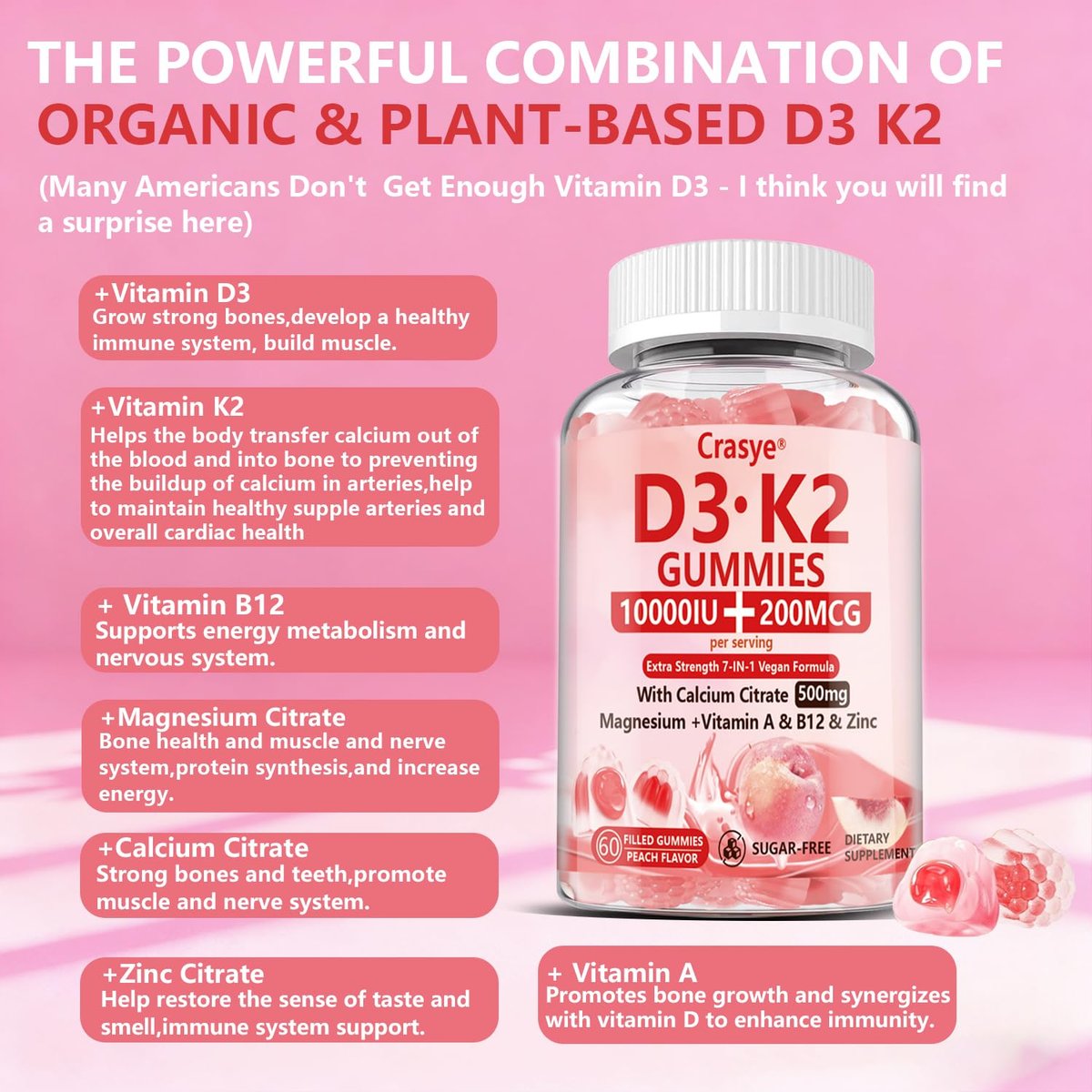Crasye Vitamin D3 K2 Gummies 10000 IE mit 500 mg Calcium, Magnesium, Zink - Zuckerfreie ADK+Vitamin B12 Gummibärchen für Frauen und Männer - Knochen, Muskeln, Zähne - Pfirsichgeschmack - 60 Gummis (30 Portionen)