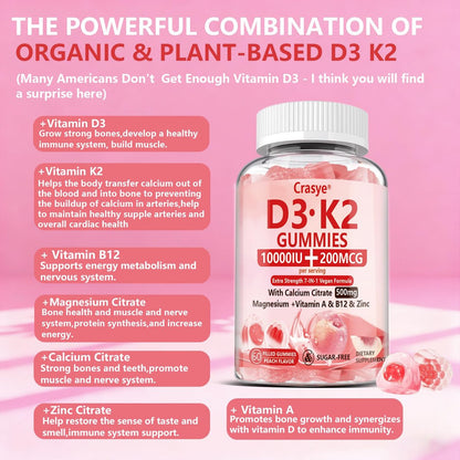 Crasye Vitamin D3 K2 Gummies 10000 IE mit 500 mg Calcium, Magnesium, Zink - Zuckerfreie ADK+Vitamin B12 Gummibärchen für Frauen und Männer - Knochen, Muskeln, Zähne - Pfirsichgeschmack - 60 Gummis (30 Portionen)