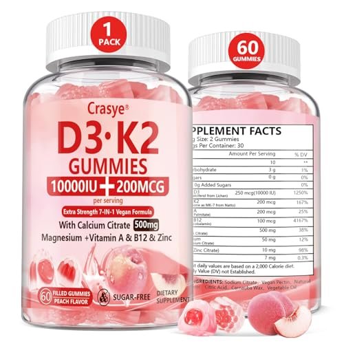 Crasye Vitamin D3 K2 Gummies 10000 IE mit 500 mg Calcium, Magnesium, Zink - Zuckerfreie ADK+Vitamin B12 Gummibärchen für Frauen und Männer - Knochen, Muskeln, Zähne - Pfirsichgeschmack - 60 Gummis (30 Portionen)