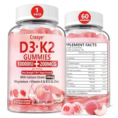 Crasye Vitamin D3 K2 Gummies 10000 IE mit 500 mg Calcium, Magnesium, Zink - Zuckerfreie ADK+Vitamin B12 Gummibärchen für Frauen und Männer - Knochen, Muskeln, Zähne - Pfirsichgeschmack - 60 Gummis (30 Portionen)