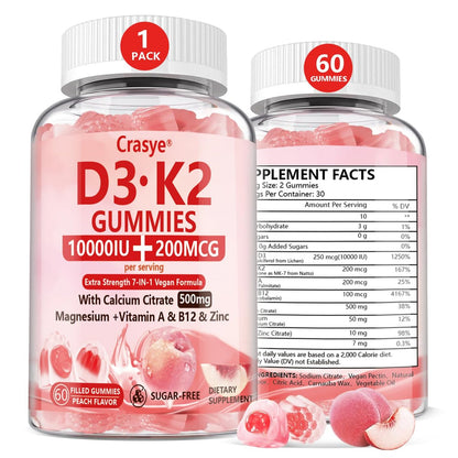 Crasye Vitamin D3 K2 Gummies 10000 IE mit 500 mg Calcium, Magnesium, Zink - Zuckerfreie ADK+Vitamin B12 Gummibärchen für Frauen und Männer - Knochen, Muskeln, Zähne - Pfirsichgeschmack - 60 Gummis (30 Portionen)