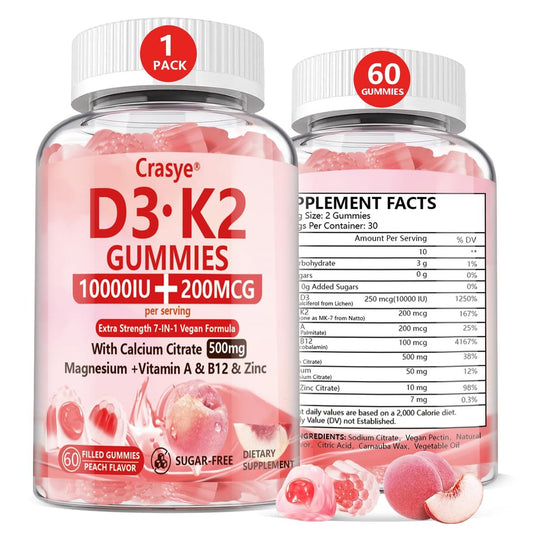 Crasye Vitamin D3 K2 Gummies 10000 IE mit 500 mg Calcium, Magnesium, Zink - Zuckerfreie ADK+Vitamin B12 Gummibärchen für Frauen und Männer - Knochen, Muskeln, Zähne - Pfirsichgeschmack - 60 Gummis (30 Portionen)