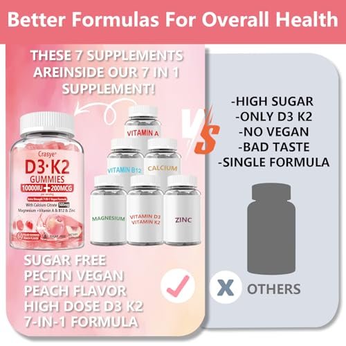Crasye Vitamin D3 K2 Gummies 10000 IE mit 500 mg Calcium, Magnesium, Zink - Zuckerfreie ADK+Vitamin B12 Gummibärchen für Frauen und Männer - Knochen, Muskeln, Zähne - Pfirsichgeschmack - 60 Gummis (30 Portionen)