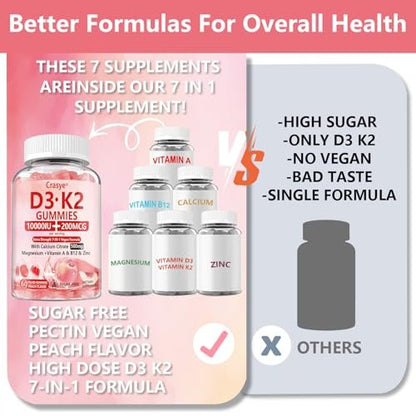 Crasye Vitamin D3 K2 Gummies 10000 IE mit 500 mg Calcium, Magnesium, Zink - Zuckerfreie ADK+Vitamin B12 Gummibärchen für Frauen und Männer - Knochen, Muskeln, Zähne - Pfirsichgeschmack - 60 Gummis (30 Portionen)