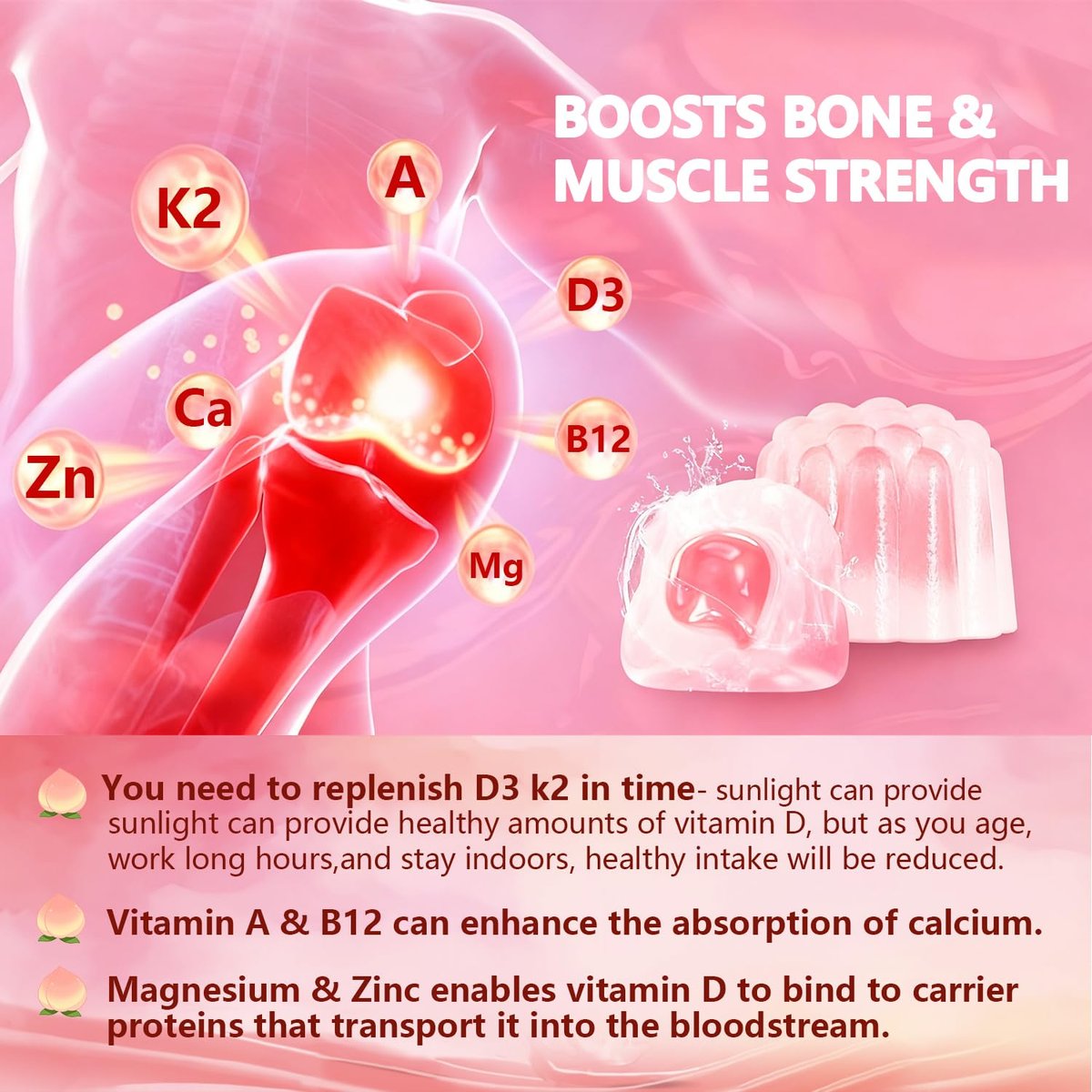 Crasye Vitamin D3 K2 Gummies 10000 IE mit 500 mg Calcium, Magnesium, Zink - Zuckerfreie ADK+Vitamin B12 Gummibärchen für Frauen und Männer - Knochen, Muskeln, Zähne - Pfirsichgeschmack - 60 Gummis (30 Portionen)