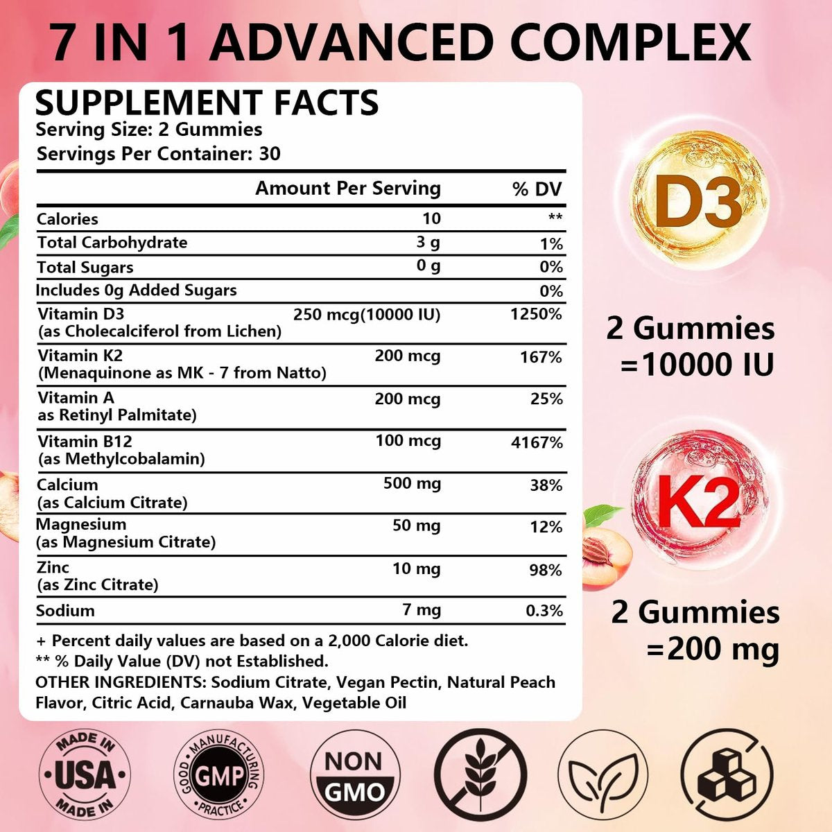 Crasye Vitamin D3 K2 Gummies 10000 IE mit 500 mg Calcium, Magnesium, Zink - Zuckerfreie ADK+Vitamin B12 Gummibärchen für Frauen und Männer - Knochen, Muskeln, Zähne - Pfirsichgeschmack - 60 Gummis (30 Portionen)