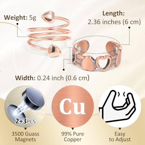 Vicmag 2er-Pack Magnetische Kupferringe für Damen und Herren – 99,99 % reine Kupferringe mit 9-fach Magneten, verstellbar (Herz & Liebe)