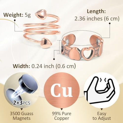 Vicmag 2er-Pack Magnetische Kupferringe für Damen und Herren – 99,99 % reine Kupferringe mit 9-fach Magneten, verstellbar (Herz & Liebe)