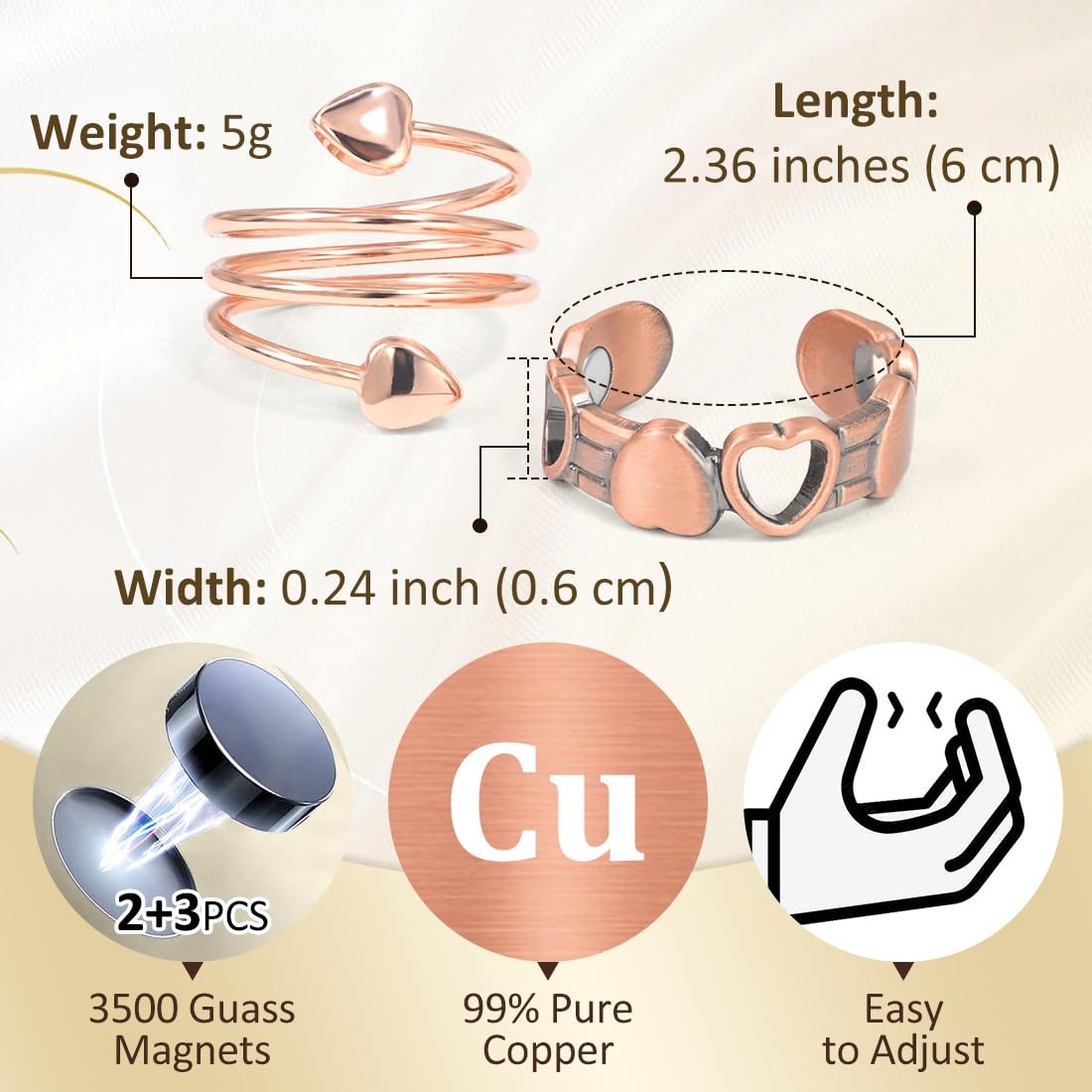 Vicmag 2er-Pack Magnetische Kupferringe für Damen und Herren – 99,99 % reine Kupferringe mit 9-fach Magneten, verstellbar (Herz & Liebe)