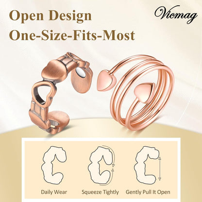 Vicmag 2er-Pack Magnetische Kupferringe für Damen und Herren – 99,99 % reine Kupferringe mit 9-fach Magneten, verstellbar (Herz & Liebe)